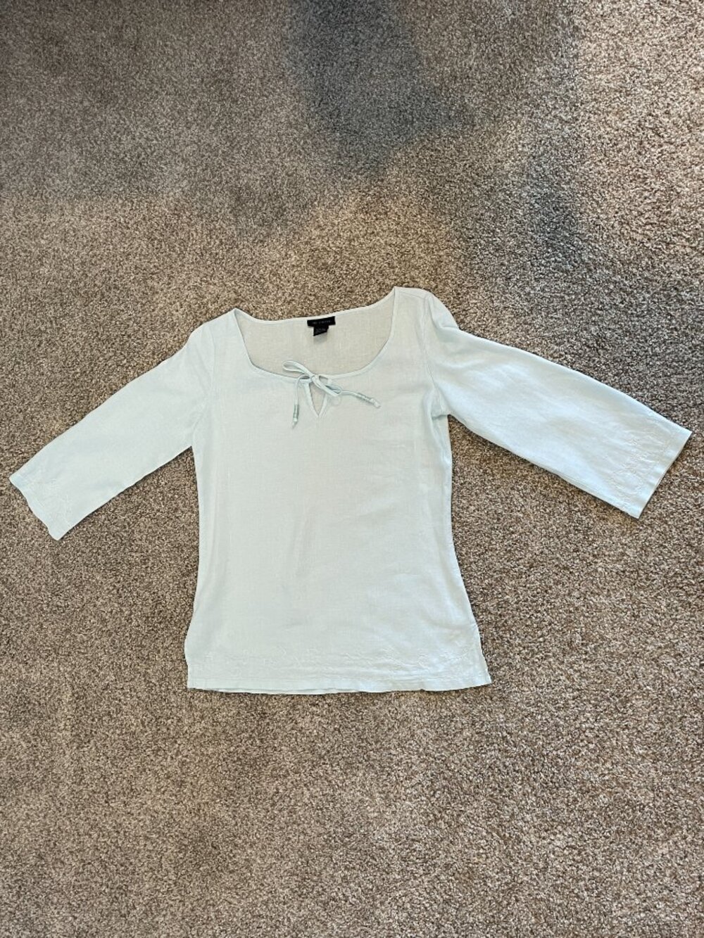 The Limited Light Icy Blue 100% Linen Floral Embroidery Long Sleeve Top Beads S